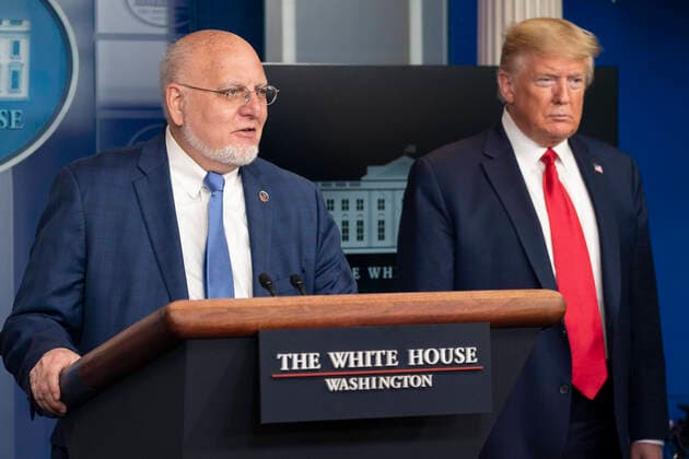 April 8, 2020, Washington, DC, United States of America: Dr. Robert Redfield, director of the Centers for Disease Control and Prevention, responds to a question from reporters as President Donald Trump looks on, during the daily COVID-19, coronavirus briefing in the Press Briefing Room of the White House April 8, 2020 in Washington, DC. Washington United States of America - ZUMAp138 20200408_zaa_p138_023 Copyright: xShealahxCraighead EducationxDepax