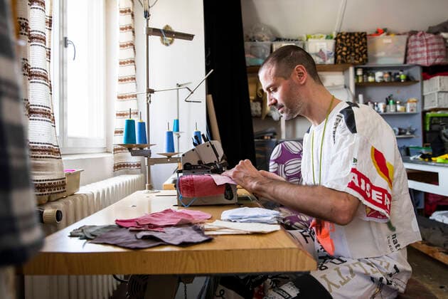 Andrea Bonfini of Berlin fashion label Fade Out produces face masks, currently mainly for friends and acquaintances, in his studio in Berlin on April 9, 2020 The measures decided by the federal and state governments to slow down the spread of the coronavirus SARS CoV 2 will continue before Easter The debate about compulsory mouth protection and the effectiveness of the masks