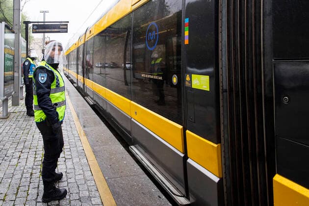 April 9, 2020, Porto, Portugal: Police officers take part during an inspection in a metro of the porto..From April 9th until April 13th, Easter period, the movement of people outside the municipality of residence is prohibited, and people will only be able to leave their municipality of residence if they have proof of the working entity. Within this period of time the police will inspect highways, buses and the metro, this is done to prevent the spread of coronavirus in Porto. Porto Portugal - ZUMAs197 20200409_zaa_s197_114 Copyright: xRitaxFrancax