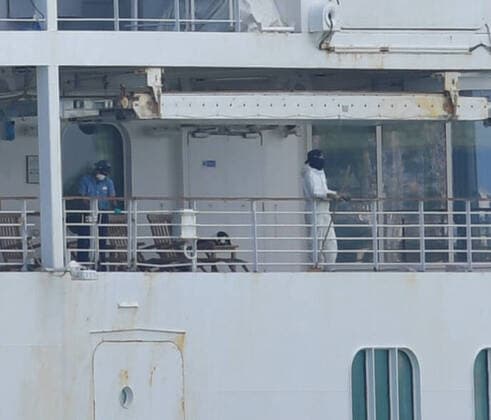 April 9, 2020, Miami Beach, Florida, United States Of America: MIAMI BEACH, FL - APRIL 09: COVID-19: Barred from Miami hotels, 13 Coral Princess passengers will stay on ship for 14 more days on April 09, 2020 in Miami Beach, Florida..People: Coral Princess Miami Beach United States Of America - ZUMAn287 20200409_zaa_n287_029 Copyright: xSMGx