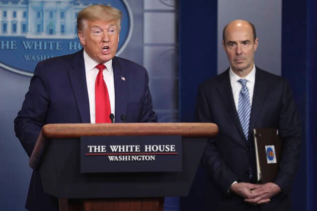April 9, 2020, Washington, District of Columbia, USA: United States President Donald J. Trump speaks during a press briefing with members of the coronavirus task force in the Brady Press Briefing Room of the White House on April 9, 2020 in Washington, DC. At right is United States Secretary of Labor Eugene Scalia Washington USA - ZUMAs152 20200409_zaa_s152_052 Copyright: xOliverxContrerasx
