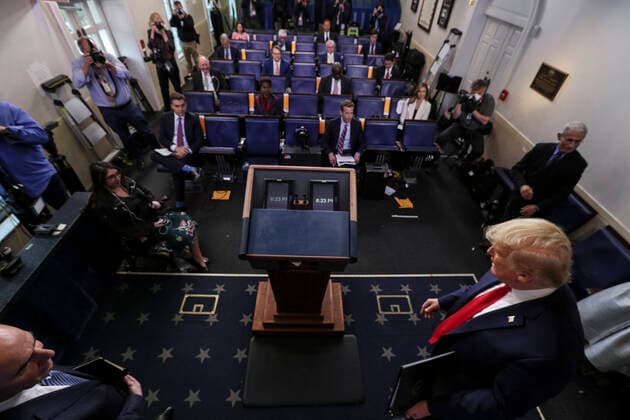 April 9, 2020, Washington, District of Columbia, USA: United States President Donald J. Trump speaks during a press briefing with members of the coronavirus task force in the Brady Press Briefing Room of the White House on April 9, 2020 in Washington, DC Washington USA - ZUMAs152 20200409_zaa_s152_055 Copyright: xOliverxContrerasx