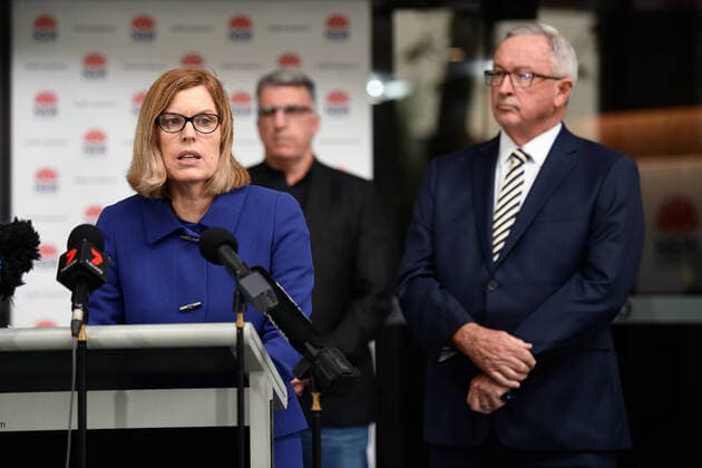 BRAD HAZZARD COVID-19 PRESSER, NSW Chief Health Officer Dr Kerry Chant (left) and NSW Minister for Health Brad Hazzard (right) speak to the media during a press conference in Sydney, Friday, April 10, 2020. The coronavirus (COVID-19) death toll in NSW has risen by one to 22 overnight, after a 69 year old died overnight at John Hunter Hospital. ( NO ARCHIVING, EDITORIAL USE ONLY, NO USE IN BOOKS WITHOUT CONSENT SYDNEY NSW AUSTRALIA  Copyright: xBIANCAxDExMARCHIx 20200410001462796889