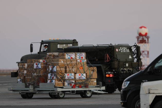 (200410) -- NUR-SULTAN, April 10, 2020 (Xinhua) -- Photo taken on April 9, 2020 shows medical supplies from China at the Nursultan Nazarbayev International Airport, Nur-Sultan, Kazakhstan. A Chinese medical team arrived in the Kazakh capital Nur-Sultan on Thursday to assist Kazakhstan s ongoing efforts in fight against COVID-19. The 10-member team also brought medical assistance including 4,800 N95 respirators, 49,600 disposable surgical masks, 2,000 protection suits, 2 ventilators and other medicines. (Photo by Kalizhan Ospanov Xinhua) KAZAKHSTAN-NUR-SULTAN-CHINESE MEDICAL TEAM-ARRIVAL