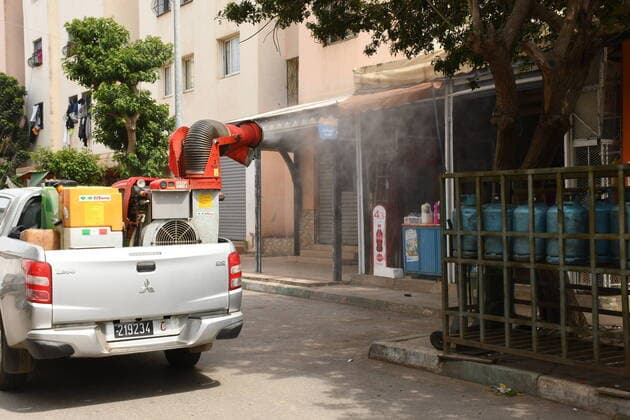 (200410) -- TEMARA, April 10, 2020 -- A vehicle of Moroccan Ministry of Health sprays disinfectant at a public area in Temara, Morocco, April 9, 2020. Morocco confirmed on Thursday 99 more cases of COVID-19, bringing the total number of the infected cases in the North African country to 1,374. (Photo by Xinhua) MOROCCO-TEMARA-COVID-19-MEASURES Chadi 