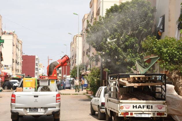 (200410) -- TEMARA, April 10, 2020 -- A vehicle of Moroccan Ministry of Health sprays disinfectant at a public area in Temara, Morocco, April 9, 2020. Morocco confirmed on Thursday 99 more cases of COVID-19, bringing the total number of the infected cases in the North African country to 1,374. (Photo by Xinhua) MOROCCO-TEMARA-COVID-19-MEASURES Chadi 