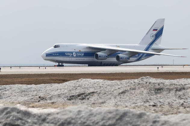 KAZAN, RUSSIA - APRIL 10, 2020: An Antonov An-124 Ruslan transport aircraft carrying 6 million medical masks and equipment for production of means of individual protection at Kazan International Airport. The delivery was ordered by Tatneft. Yegor Aleyev TASS  TS0D5211
