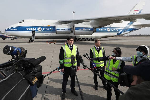 KAZAN, RUSSIA - APRIL 10, 2020: Tatneft Deputy General Director for Logistics and Technical Development Renat Nugaibekov gives press briefing as an Antonov An-124 Ruslan transport aircraft carrying 6 million medical masks and equipment for production of means of individual protection lands at Kazan International Airport. The delivery was ordered by Tatneft. Yegor Aleyev TASS  TS0D5225