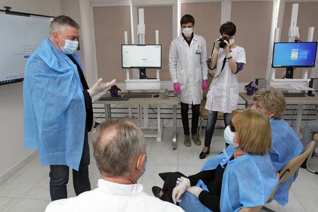 DNIPRO, UKRAINE - APRIL 10, 2020 - Participants of the conference on preventive measures to counter the spread of coronavirus in Ukraine, Dnipro, southeastern Ukraine. Conference on coronavirus held in Dnipro  Copyright: xMykolaxMyakshykovx