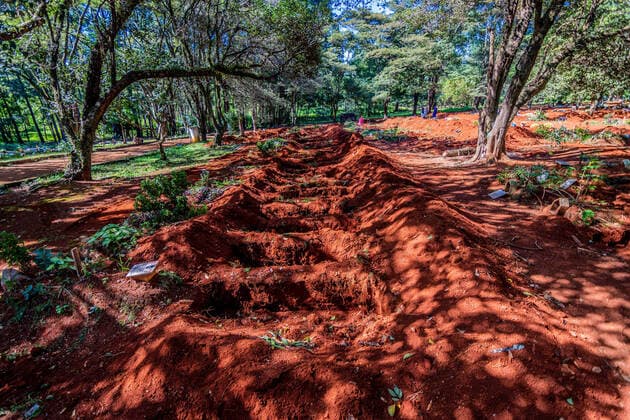 SÃO PAULO, SP - 10.04.2020: COVAS ABERTAS NO CEMITÉRIO DA VILA FORMOSA - Open pits waiting for the dead by the covid-19 and family members following burial in the cemetery of Vila Formosa located in the East Zone of the Capital Paulista, in São Paulo - SP. x1903106x  AntonioxMolina