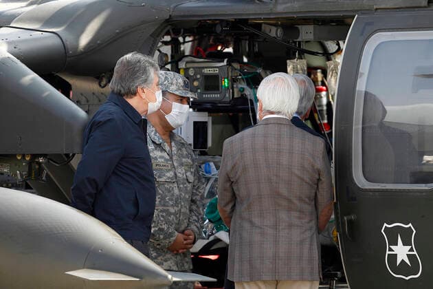 Santiago, April 10, 2020 The President of the Republic, Sebastian Pinera, inspects the support operations of the Armed Forces for global coronavirus pandemic, visiting facilities of Group 10 of the Fach Dragomir Yankovic Aton Chile, Santiago Chile Aton 411219  Copyright: DRAGOMIRxYANKOVIC ATONxCHILE