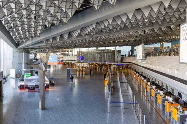 Empty Terminal 1 Frankfurt Airport FRA during Coronavirus Corona Virus COVID 19 Frankfurt, Germany 7 April 2020 Empty Terminal 1 Frankfurt Airport FRA during Coronavirus Corona Virus COVID 19 in Germany