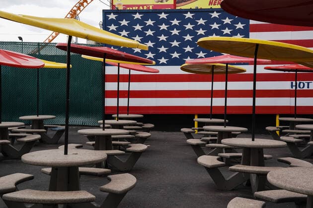 April 10, 2020, New York, NY, USA: Empty tables at NathanÃ¢â‚¬â ¢s Famous Hotdog stand in the Coney Island section of the Borough of Brooklyn on April 10, 2020 in New York. New York USA - ZUMAb148 20200410_zap_b148_025 Copyright: xBryanxSmithx