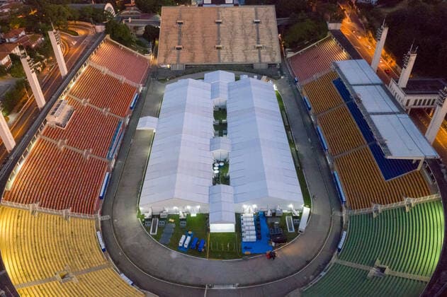 SÃO PAULO, SP - 10.04.2020: FIELD HOSPITAL IN PACAEMBU - Drone photos, taken from the field hospital at the Pacaembu stadium, created for the Covid-19 crisis, in São Paulo, SP. x1903244x  AndrexChaco