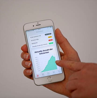11 04 2020, Coronavirus App on a Smartphone Green the number of current infection cases with Corona Virus in Germany 11 04 2020 11 04 2020, Coronavirus App on a Smartphone 11 04 2020, Coronavirus App on a Smartphone