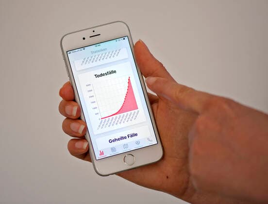 11 04 2020, Coronavirus App on a Smartphone Red curve the number of deaths with corona virus in Germany 11 04 2020 11 04 2020, Coronavirus App on a Smartphone 11 04 2020, Coronavirus App on a Smartphone