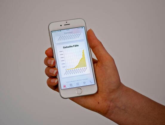 11 04 2020, Coronavirus App on a Smartphone Red curve the number of cases of corona virus cured in Germany 11 04 2020 11 04 2020, Coronavirus App on a Smartphone 11 04 2020, Coronavirus App on a Smartphone