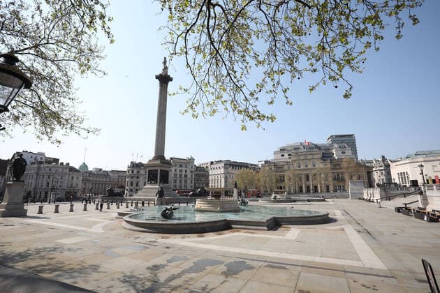 Day Nineteen of Lockdown in London. A deserted Trafalgar square in London on Easter Saturday. It is the first public holiday of the year, and many people enjoy the long weekend by going out and about or on holiday, but this year the country is on lockdown due to the COVID-19 Coronavirus pandemic. People are not allowed to leave home except for minimal food shopping, medical treatment, exercise - once a day, and essential work. COVID-19 Coronavirus lockdown, London, UK, on April 11, 2020 