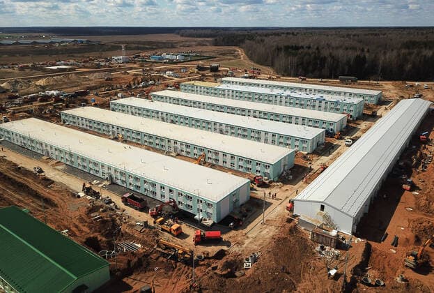 MOSCOW, RUSSIA - APRIL 11, 2020: An aerial view of the construction site of a new infectious diseases hospital for COVID-19 coronavirus patients by the village of Golokhvastovo. Mikhail Japaridze TASS  TS0D552D