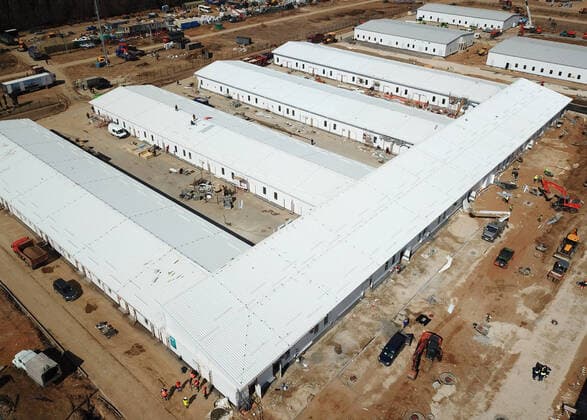 MOSCOW, RUSSIA - APRIL 11, 2020: An aerial view of the construction site of a new infectious diseases hospital for COVID-19 coronavirus patients by the village of Golokhvastovo. Mikhail Japaridze TASS  TS0D552E