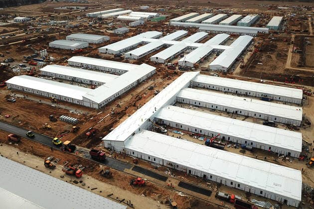 MOSCOW, RUSSIA - APRIL 11, 2020: An aerial view of the construction site of a new infectious diseases hospital for COVID-19 coronavirus patients by the village of Golokhvastovo. Mikhail Japaridze TASS  TS0D5532