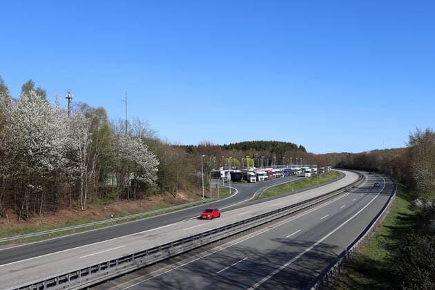 Coronavirus fear, effects because of coronavirus Covid 19 , the motorway A45 Sauerlandlinie at the rest stop Siegerland Ost between Siegen and Freudenberg, almost empty, no trace of Easter travel traffic motorway A45 on 11 04 2020 in Siegen Germany