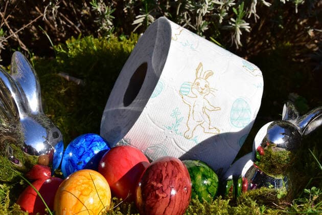 Easter nest with a roll of toilet paper Easter nest with a roll of toilet paper with Easter bunny motif MitEiern and Easter bunny on moss Bad Laer Lower Saxony Germany