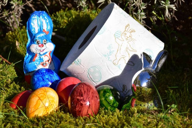 Easter nest with a roll of toilet paper Easter nest with a roll of toilet paper with Easter bunny motif MitEiern and Easter bunny on moss Bad Laer Lower Saxony Germany