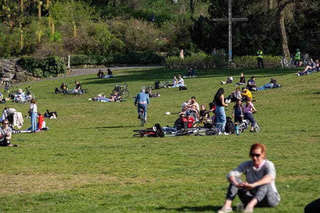 Berliners mostly adhere to Corona Contact rules at the O, Despite the exit restrictions due to Covid19 many parks are well filled with visitors The distance rules are mostly adhered to Here pictures of Viktoriapark Berlin Berlin Germany
