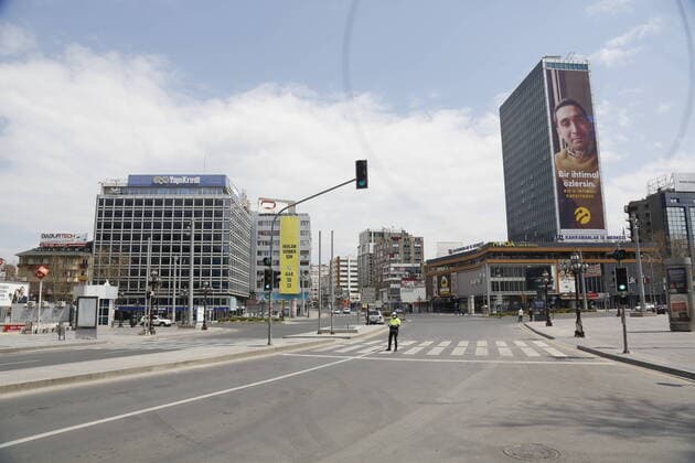 Turkey™s capital Ankara™s normally crowded but now mostly deserted streets after the two-day curfew declared by the government to slow coronavirus spread, in Ankara, Saturday, April 11, 2020. 16718062