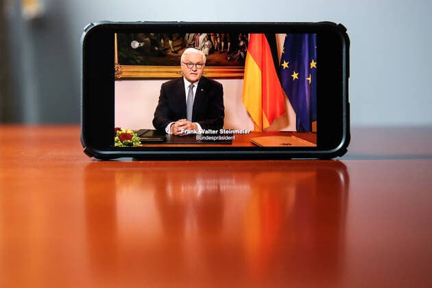 (200411) -- BERLIN, April 11, 2020 -- Photo taken on April 11, 2020 shows German President Frank-Walter Steinmeier delivering a televised speech on COVID-19, in Berlin, capital of Germany. The coronavirus pandemic has placed Germany at a crossroads that will determine whether it recedes into fearfulness or becomes a more considerate and hopeful society, German President Frank-Walter Steinmeier said. According to the Robert Koch Institute, almost 120,000 people in Germany have tested positive for the coronavirus, and more than 2,500 have died as of Friday midnight. ) GERMANY-BERLIN-STEINMEIER-COVID-19-TELEVISED SPEECH ShanxYuqi