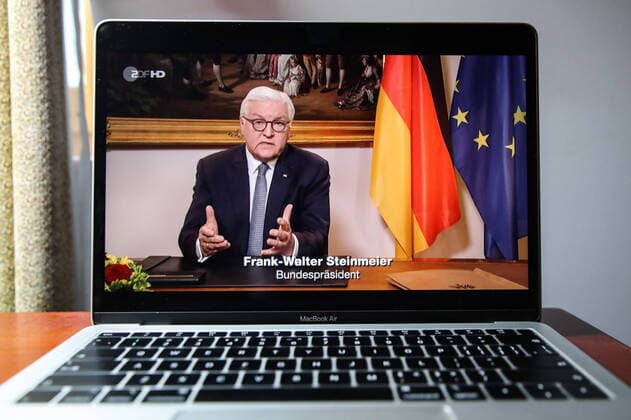 (200411) -- BERLIN, April 11, 2020 -- Photo taken on April 11, 2020 shows German President Frank-Walter Steinmeier delivering a televised speech on COVID-19, in Berlin, capital of Germany. The coronavirus pandemic has placed Germany at a crossroads that will determine whether it recedes into fearfulness or becomes a more considerate and hopeful society, German President Frank-Walter Steinmeier said. According to the Robert Koch Institute, almost 120,000 people in Germany have tested positive for the coronavirus, and more than 2,500 have died as of Friday midnight. ) GERMANY-BERLIN-STEINMEIER-COVID-19-TELEVISED SPEECH ShanxYuqi