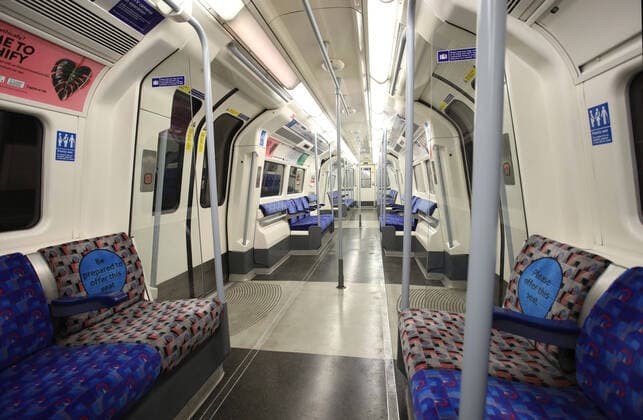 Day Nineteen of Lockdown in London. An empty tube carriage at 10.30 at Westminster on Easter Saturday. It is the first public holiday of the year, and many people enjoy the long weekend by going out and about or on holiday, but this year the country is on lockdown due to the COVID-19 Coronavirus pandemic. People are not allowed to leave home except for minimal food shopping, medical treatment, exercise - once a day, and essential work. COVID-19 Coronavirus lockdown, London, UK, on April 11, 2020 