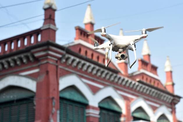 KOLKATA, INDIA APRIL 11: A Kolkata Police department drone is launched to monitor the area on day eighteen of the 21 day lockdown to fight the coronavirus, at Esplanade, on April 11, 2020 in Kolkata, India. (Photo by Samir Jana Hindustan Times ) India Goes Into 21 Day Lockdown Due To Coronavirus COVID 19