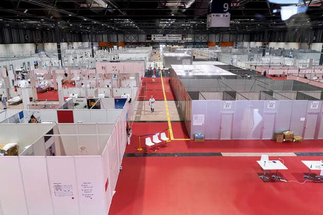 Coronavirus in Spanien, Eindrücke aus dem Notkrankenhaus auf dem Messegelände IFEMA in Madrid April 11, 2020, Madrid, Spain: General view of the field hospital installed at IFEMA during the fight against corona virus outbreak..After 30 days of lock down, there are more than 160,000 infected people and more than 16,300 deaths due to Covid-19. Madrid Spain - ZUMAs197 20200411_zaa_s197_140 Copyright: xLeganxP.xMacex