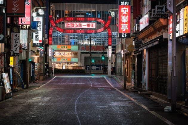 The main street in Kabukicho (Shinjuku s red light district) is empty in Tokyo, Japan, 11 April 2020. Japanese Prime Minister Shinzo Abe declared a state of emergency for at least one month amid an increase of coronavirus and COVID-19 infection cases. April 11, 2020  (125267611)