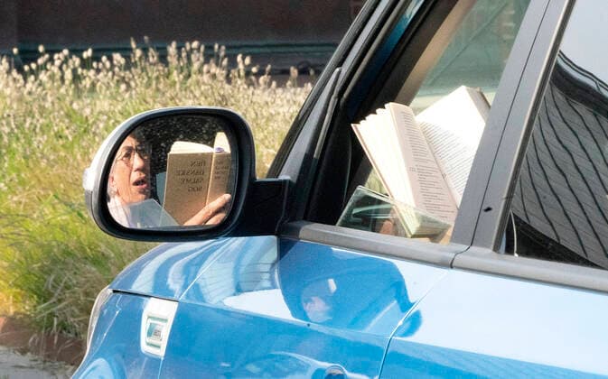 Pastor Isak Nolsoee holds church service in front of Roennevang Church on Sunday, April 12, 2020 Due to COVID 19, the Easter service becomes live-stream and can be experienced from the car in the square in front of the church photo Keld Navntoft Scanpix 2020, Taastrup,  Copyright: KeldxNavntoft KeldxNavntoftx COP101 spdk20200412-113455-L