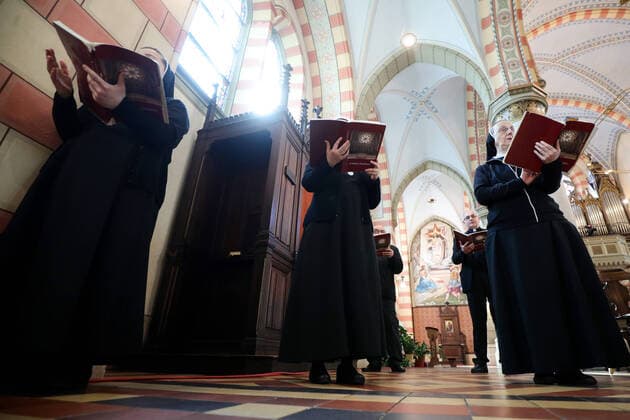 PXL_Easter Mass 12.04.2020., Sarajevo, Bosnia and Herzegovina - The Easter Mass in the empty Cathedral of Jusus Sacred Heart served by Archbishop Cardinal Vinko Puljic.The faithful could follow mass through state television becuse of pandemic of the coronavirus ArminxDurgut PIXSELL