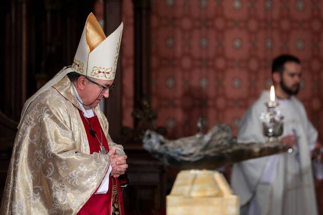 PXL_Easter Mass 12.04.2020., Sarajevo, Bosnia and Herzegovina - The Easter Mass in the empty Cathedral of Jusus Sacred Heart served by Archbishop Cardinal Vinko Puljic.The faithful could follow mass through state television becuse of pandemic of the coronavirus ArminxDurgut PIXSELL