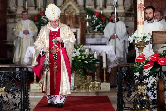 PXL_Easter Mass 12.04.2020., Sarajevo, Bosnia and Herzegovina - The Easter Mass in the empty Cathedral of Jusus Sacred Heart served by Archbishop Cardinal Vinko Puljic.The faithful could follow mass through state television becuse of pandemic of the coronavirus ArminxDurgut PIXSELL