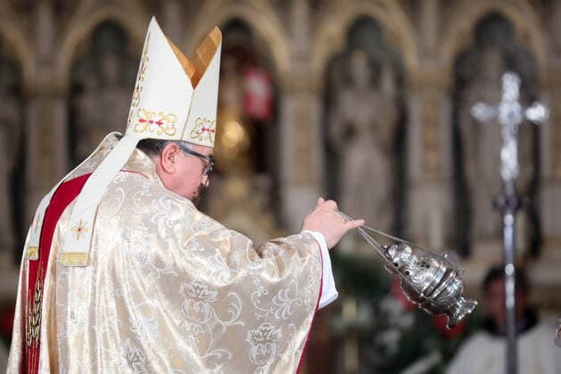 PXL_Easter Mass 12.04.2020., Sarajevo, Bosnia and Herzegovina - The Easter Mass in the empty Cathedral of Jusus Sacred Heart served by Archbishop Cardinal Vinko Puljic.The faithful could follow mass through state television becuse of pandemic of the coronavirus ArminxDurgut PIXSELL