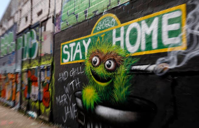 Duesseldorf, Germany, 12 04 2020 The graffiti mural on the outside wall of a warehouse in Duesseldorf Moersenbroich uses the slogan Stay at Home with the recommendation to relax there with a joint Chill with Mary Jane