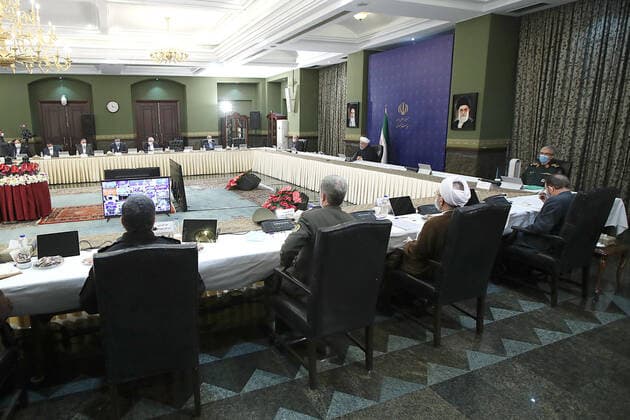 April 12, 2020, Tehran, Iran: A handout picture provided by the on April 12, 2020, shows Iranian President, HASSAN ROUHANI, chairing a cabinet session in the capital Tehran. Iran announced 117 new deaths from the novel coronavirus, bringing the overall official toll to 4,474, even as it eased some restrictions that had been imposed to slow the spread of the illness. Tehran Iran - ZUMAi98_ 20200412_zih_i98_003 Copyright: xIranianxPresidencyx