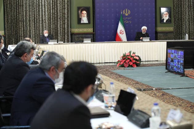 April 12, 2020, Tehran, Iran: A handout picture provided by the on April 12, 2020, shows Iranian President, HASSAN ROUHANI, chairing a cabinet session in the capital Tehran. Iran announced 117 new deaths from the novel coronavirus, bringing the overall official toll to 4,474, even as it eased some restrictions that had been imposed to slow the spread of the illness. Tehran Iran - ZUMAi98_ 20200412_zih_i98_009 Copyright: xIranianxPresidencyx