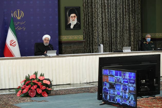 April 12, 2020, Tehran, Iran: A handout picture provided by the on April 12, 2020, shows Iranian President, HASSAN ROUHANI, chairing a cabinet session in the capital Tehran. Iran announced 117 new deaths from the novel coronavirus, bringing the overall official toll to 4,474, even as it eased some restrictions that had been imposed to slow the spread of the illness. Tehran Iran - ZUMAi98_ 20200412_zih_i98_010 Copyright: xIranianxPresidencyx