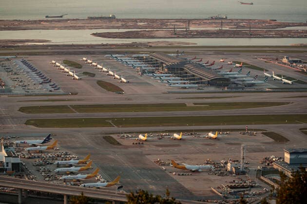 April 12, 2020, Hong Kong, China: Many aircraft parked at the Hong Kong International Airport. Airlines across the globe have cancelled flights, postponed or adjusted their services in response to the coronavirus outbreak. Hong Kong China  - ZUMA 20200412_mda_j323_034 Copyright: xMayxJamesx