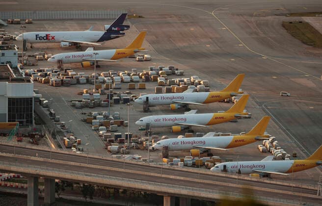 April 12, 2020, Hong Kong, China: Cargo items wait at the terminal of Hong Kong International airport. Airlines across the globe have cancelled flights, postponed or adjusted their services in response to the coronavirus outbreak. Hong Kong China  - ZUMA 20200412_mda_j323_035 Copyright: xMayxJamesx