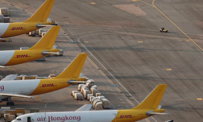 April 12, 2020, Hong Kong, China: Cargo items wait at the terminal of Hong Kong International airport. Airlines across the globe have cancelled flights, postponed or adjusted their services in response to the coronavirus outbreak.. Hong Kong China  - ZUMA 20200412_mda_j323_042 Copyright: xMayxJamesx