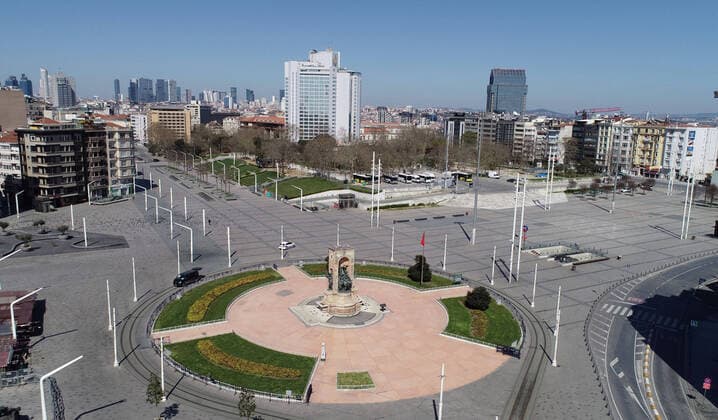 Normally busy but now mostly deserted Taksim Square in Istanbul after the curfew declared by the government to slow coronavirus spread, Sunday, April 12, 2020. Copyright: TolgaxAdanali 16719068