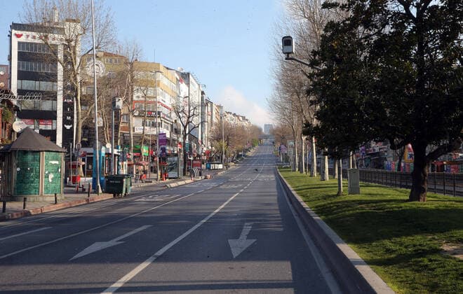 Normally busy but now mostly deserted Besiktas District at Bosphorus in Istanbul after the curfew declared by the government to slow coronavirus spread, Sunday, April 12, 2020. Pictures show Bebek, Arnavutkoy, Akintiburnu and Kurucesme villages at Bosphorus in Istanbul Copyright: TolgaxAdanali 16719001